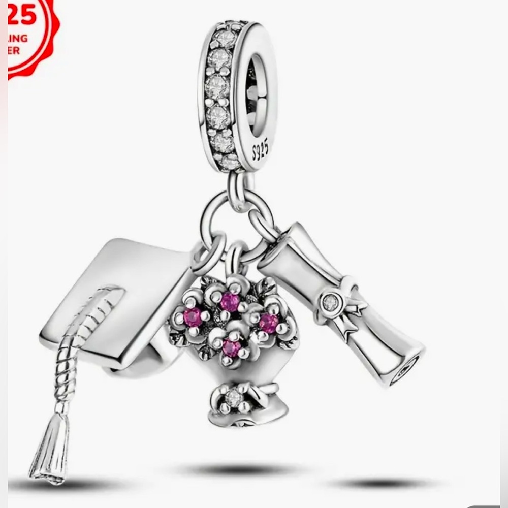 Triple Dangle Silver Graduation Charm For Pandora Braclets